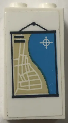 Brick 1 x 2 x 3 with Hanging Tan and Dark Azure Beach Map with Roads and Compass Rose Pattern (Sticker) - Set 60328