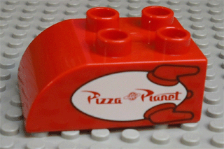 Duplo, Brick 2 x 3 Slope Curved with 'Pizza Planet' on White Rocket Pattern