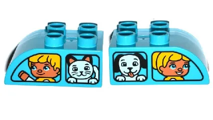 Duplo, Brick 2 x 3 Slope Curved with Vehicle Windows with Boy and Cat / Girl and Dog Pattern