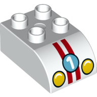 Duplo, Brick 2 x 3 Slope Curved with Yellow Headlights, Red Stripes, and Number 1 on Medium Azure Circle Pattern