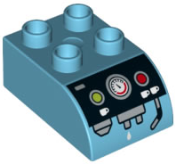 Duplo, Brick 2 x 3 Slope Curved with Lime and Red Buttons, Gauge, and White Cups on Black Coffee Machine Panel Pattern