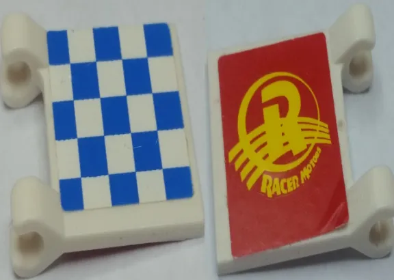 Flag 2 x 2 Square with Checkered Blue Pattern and Yellow 'RACER MOTORS' on Red Background Pattern (Stickers) - Set 8161