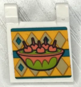 Flag 2 x 2 Square with Flat Edge with Coral Dragon Fruit in Lime Bowl, Tan Diamonds, Bright Light Orange and Dark Turquoise Stripes Pattern (Sticker) - Set 43185