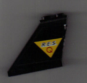 Tail 4 x 1 x 3 with Black 'R.E.S.' and Red 'Q' on Yellow Triangle Pattern Model Left Side (Sticker) - Set 6451