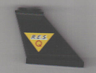 Tail 4 x 1 x 3 with Black 'R.E.S.' and Red 'Q' on Yellow Triangle Pattern Model Right Side (Sticker) - Set 6451