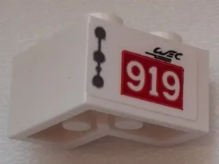 Brick 2 x 2 Corner with Dark Bluish Gray Line and Dots, Black 'WEC', '919' on Red Rectangle Pattern Model Left Side (Sticker) - Set 75876