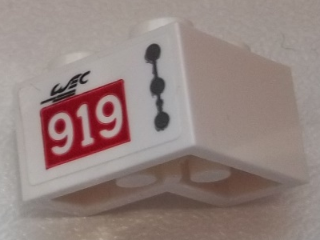 Brick 2 x 2 Corner with Dark Bluish Gray Line and Dots, Black 'WEC', '919' on Red Rectangle Pattern Model Right Side (Sticker) - Set 75876