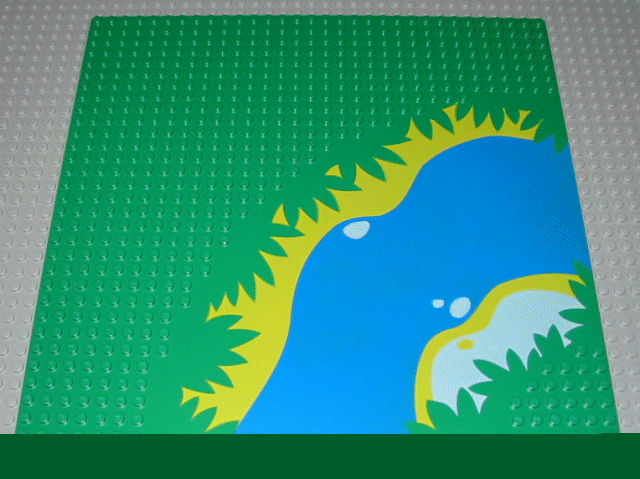 Baseplate 32 x 32 with 7-Stud Road Curve with Blue River, Green Plants, and Yellow Sand Banks Pattern