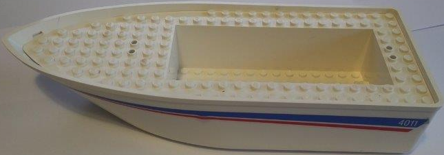 Boat, Hull Unitary 25 x 10 x 4 1/3 Floating with White Deck with Red and Blue Stripes and '4011' Pattern on Both Sides (Stickers) - Set 4011