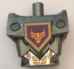 Torso, Modified Oversized with Armor with Pin Holes with Orange and Gold Circuitry #1 and Orange Bull Head on Dark Purple Pentagonal Shield Pattern