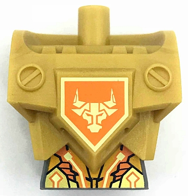 Torso, Modified Oversized with Armor with Pin Holes with Orange and Gold Circuitry and Gold Bull Head on Orange Pentagonal Shield Pattern