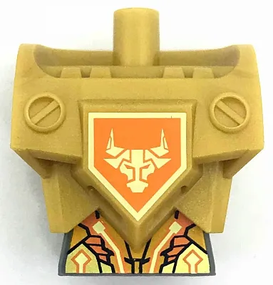 Torso, Modified Oversized with Armor with Pin Holes with Orange and Gold Circuitry and Gold Bull Head on Orange Pentagonal Shield Pattern