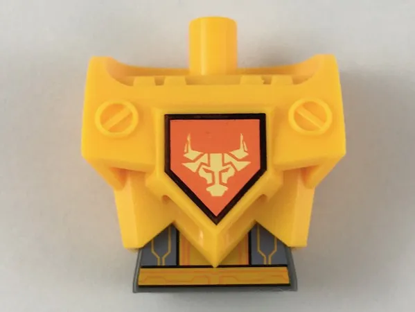 Torso, Modified Oversized with Armor with Pin Holes with Dark Bluish Gray Midriff with Circuitry and Yellow Bull Head on Orange Shield Pattern