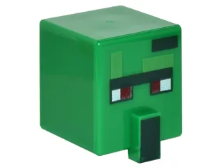Minifigure, Head, Modified Cube Tall with Raised Rectangle with Pixelated Dark Green Unibrow, Dark Red Eyes, and Dark Green Nose Pattern (Minecraft Zombie Villager)