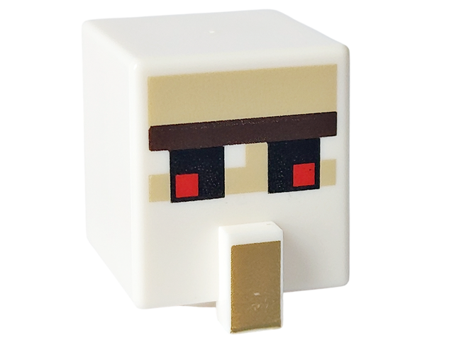Minifigure, Head, Modified Cube Tall with Raised Rectangle with Pixelated Dark Brown Unibrow, Red and Black Eyes, and Dark Tan Nose Pattern (Minecraft Iron Golem)