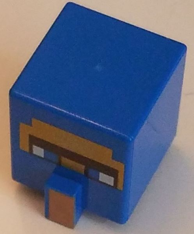 Minifigure, Head, Modified Cube Tall with Raised Rectangle with Pixelated Dark Brown Unibrow, Blue Eyes, Gold Face, and Nougat Nose Pattern (Minecraft Wandering Trader)