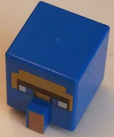 Minifigure, Head, Modified Cube Tall with Raised Rectangle with Pixelated Dark Brown Unibrow, Blue Eyes, Gold Face, and Nougat Nose Pattern (Minecraft Wandering Trader)