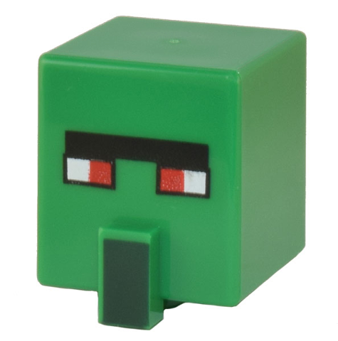 Minifigure, Head, Modified Cube Tall with Raised Rectangle with Pixelated Black Unibrow, Red Eyes, and Dark Green Nose Pattern (Minecraft Zombie Villager)