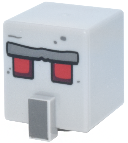 Minifigure, Head, Modified Cube Tall with Raised Rectangle with Stone Unibrow, Square Red and Dark Red Eyes and Dark Bluish Gray Nose Pattern (Minecraft Iron Golem)