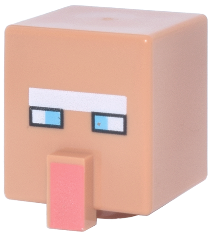 Minifigure, Head, Modified Cube Tall with Raised Rectangle with Pixelated White Unibrow, Medium Azure Eyes, and Coral Nose Pattern (Minecraft Santa Villager)