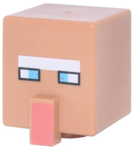 Minifigure, Head, Modified Cube Tall with Raised Rectangle with Pixelated White Unibrow, Medium Azure Eyes, and Coral Nose Pattern (Minecraft Santa Villager)