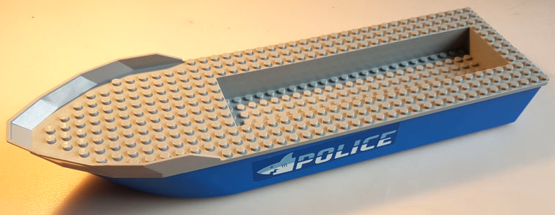 Boat, Hull Unitary 41 x 12 x 5 with Light Bluish Gray Top with Bright Light Blue and White 'POLICE' and Shark Head Pattern on Both Sides (Stickers) - Set 60277