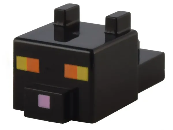 Creature Head Pixelated with Ears, Nose, and Face with Orange and Yellow Eyes and Bright Pink Nose Pattern (Minecraft Black Cat)