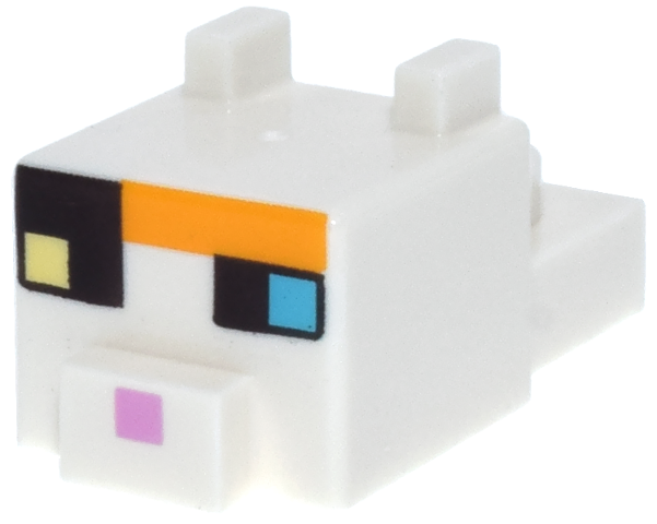 Creature Head Pixelated with Ears, Nose, and Face with Dark Azure and Bright Light Yellow Eyes, Bright Pink Nose, Dark Brown and Bright Light Orange Spots Pattern (Minecraft Calico Cat)