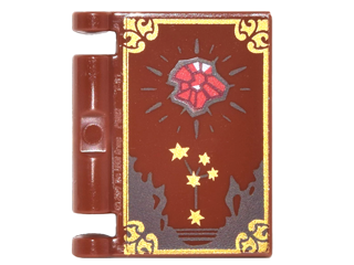 Minifigure, Utensil Book Cover with Gold Border and Star Constellation, Dark Brown Stains, Red Shining Crystal Pattern