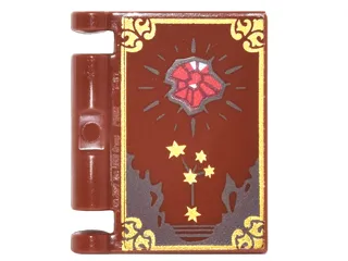 Minifigure, Utensil Book Cover with Gold Border and Star Constellation, Dark Brown Stains, Red Shining Crystal Pattern