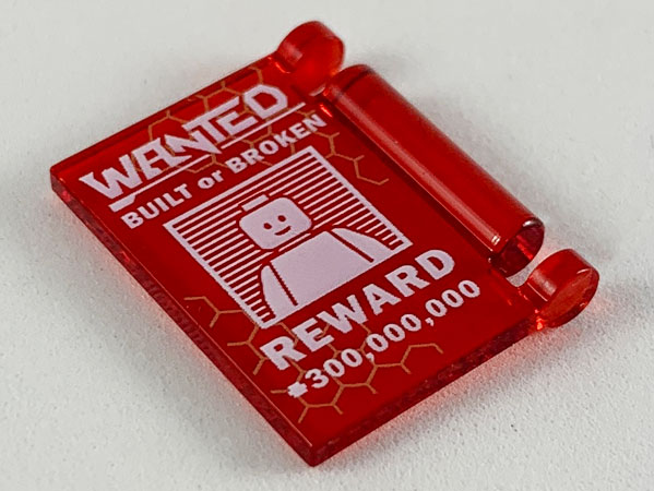 Minifigure, Utensil Book Cover with White 'WANTED', 'BUILT or BROKEN', 'REWARD', and '300,000,000' Pattern
