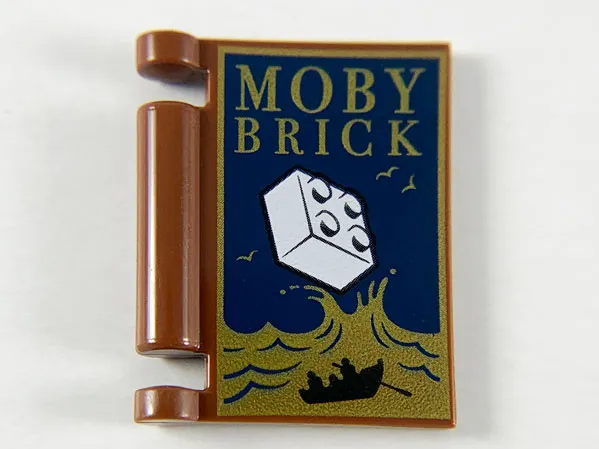 Minifigure, Utensil Book Cover with Gold Ocean and 'MOBY BRICK', White Brick, Black Rowboat Pattern
