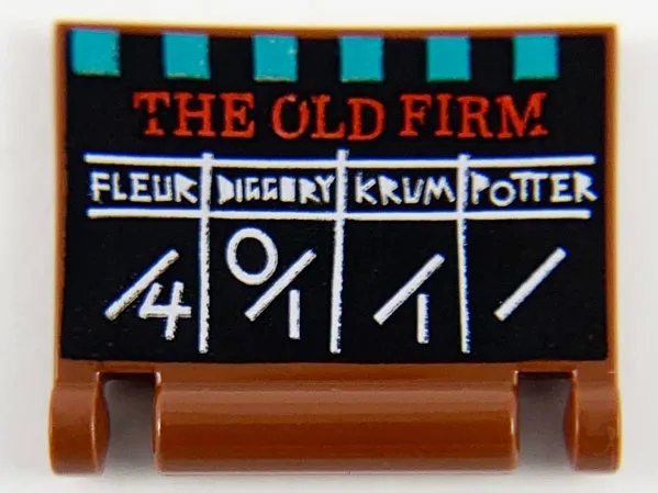 Minifigure, Utensil Book Cover with Red 'THE OLD FIRM', Tri-Wizard Score Card on Black Background Pattern