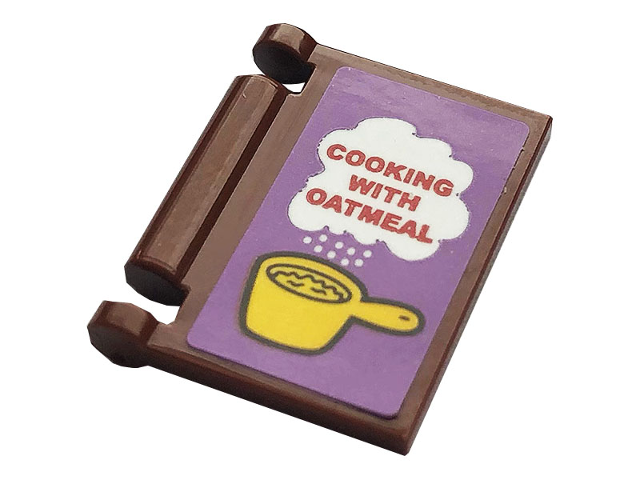 Minifigure, Utensil Book Cover with Red 'COOKING WITH OATMEAL', White Steam, and Yellow Pan on Medium Lavender Background Pattern (Sticker) - Set 21324