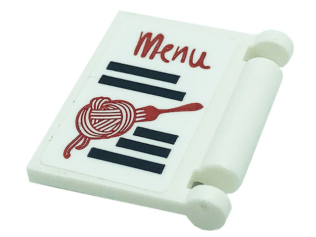 Minifigure, Utensil Book Cover with Black Stripes and Red 'Menu', Noodles, and Fork Pattern (Sticker) - Set 41379
