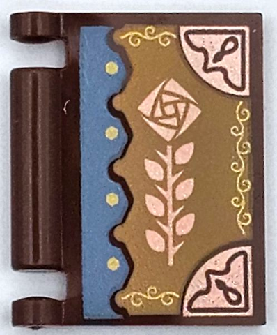 Minifigure, Utensil Book Cover with Copper Flower and Corners on Dark Tan Background with Medium Blue Scalloped Edge Pattern