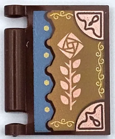Minifigure, Utensil Book Cover with Copper Flower and Corners on Dark Tan Background with Medium Blue Scalloped Edge Pattern