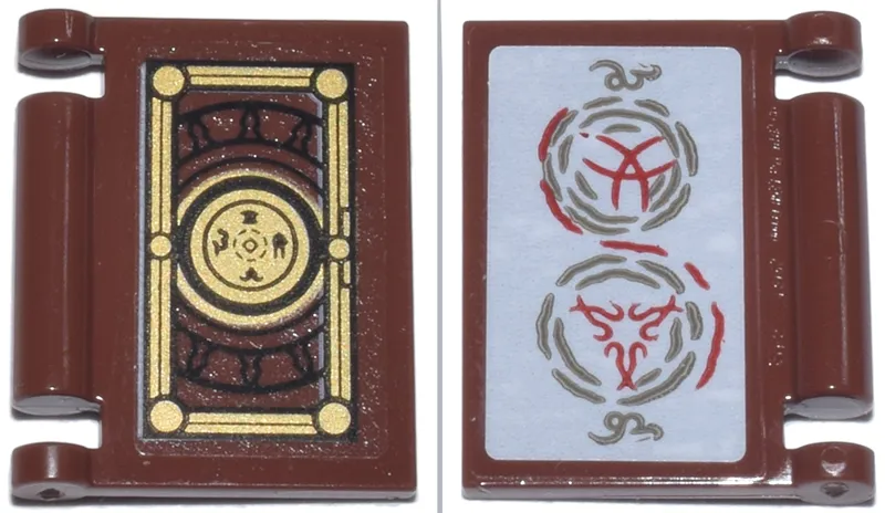 Minifigure, Utensil Book Cover with Black and Gold Frame and Circle Emblem and Red and Dark Tan Magic Spell Symbols Pattern on Both Sides (Stickers) - Set 76218