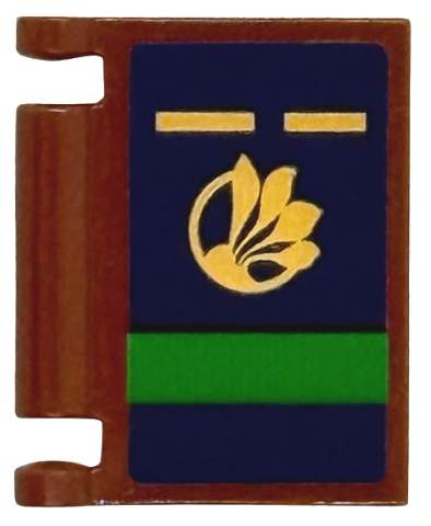 Minifigure, Utensil Book Cover with Gold Lines and Flower, Leaves in Circle, Green Rectangle Panel on Dark Blue Background Pattern (Sticker) - Set 75683