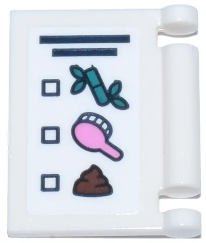 Minifigure, Utensil Book Cover with Dark Blue Checklist, Dark Turquoise Bamboo, Bright Pink Hairbrush, Reddish Brown Poop Pattern (Sticker) - Set 42648