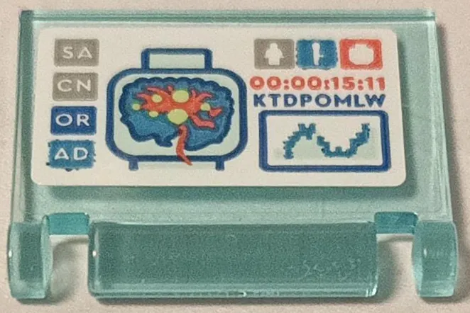 Minifigure, Utensil Book Cover with Screen with Minifigure Head Brain Scan, 'SA', 'CN', 'OR', 'AD', '00:00:15:11' and 'KTDPOMLW' Pattern (Sticker) - Set 75573