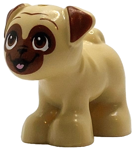 Dog, Friends Style, Pug, Standing with Reddish Brown Muzzle, Ears and Eyes Looking Up and Bright Pink Tongue Pattern (Dango)