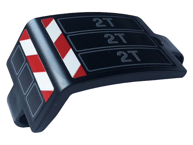 Technic, Panel Curved 3 x 5 x 3 with Red and White Danger Stripes and Dark Bluish Gray '2T' Pattern Model Left Side (Sticker) - Set 42108