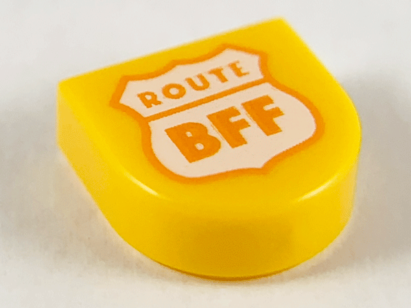 Tile, Round 1 x 1 Half Circle Extended with White Highway Sign, Orange Outline and 'ROUTE BFF' Pattern