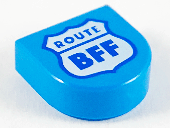 Tile, Round 1 x 1 Half Circle Extended with White Highway Sign, Blue Outline and 'ROUTE BFF' Pattern
