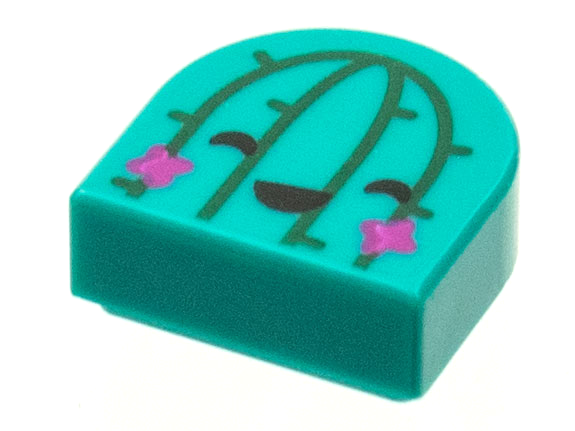 Tile, Round 1 x 1 Half Circle Extended with Dark Green Cactus Lines, Magenta Flowers, Black Eyes and Mouth Pattern