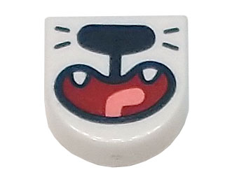 Tile, Round 1 x 1 Half Circle Extended with Black Nose and Whiskers, Dark Red Open Mouth Smile, Thin Coral Tongue, and Fangs Pattern