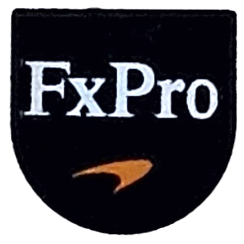 Tile, Round 1 x 1 Half Circle Extended with White 'FxPro' and Orange McLaren Logo Pattern