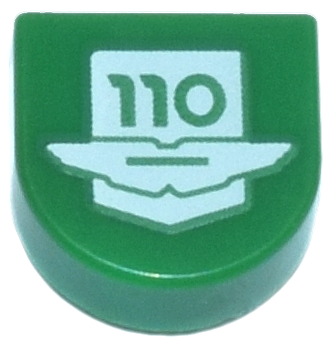 Tile, Round 1 x 1 Half Circle Extended with White Aston Martin Logo and '110' Pattern