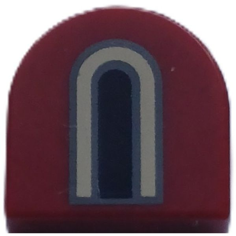 Tile, Round 1 x 1 Half Circle Extended with Black, Tan and Dark Bluish Gray Castle Window Pattern